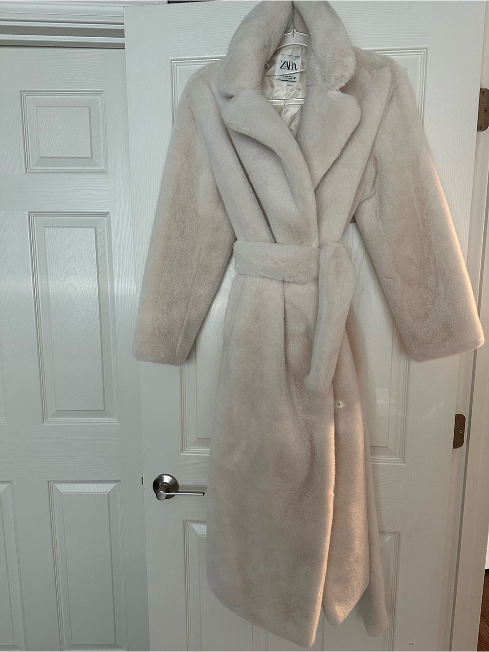 Zara Cream Faux-Fur Belted Long Coat